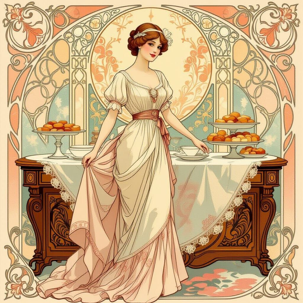 Elegant Woman in Vintage Dress, Art Nouveau Style