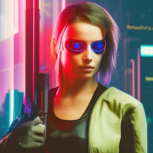 Mirrored Eyes: Cyberpunk Woman in Neon Cityscape