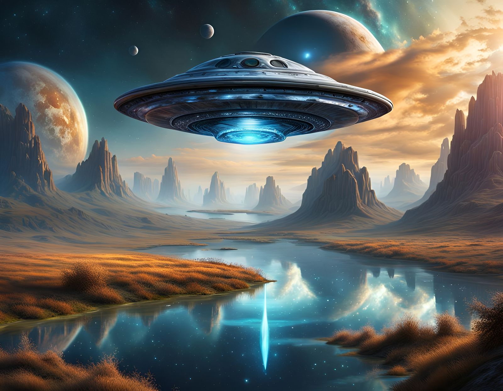 Flying Saucer over Fantasy Landscape in Hyperrealism Style