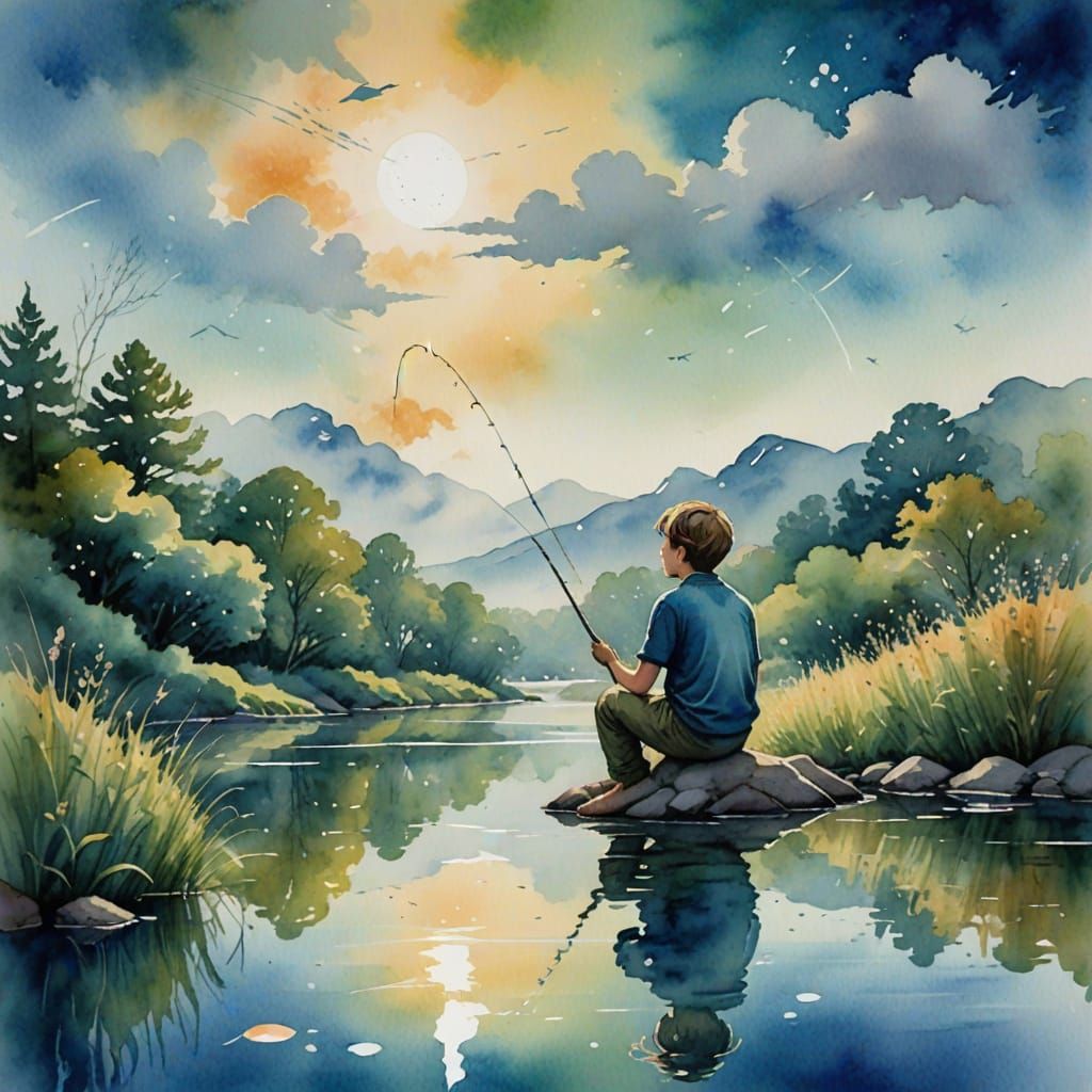Dreamy Boy Fishing: Impressionistic Watercolor Scene