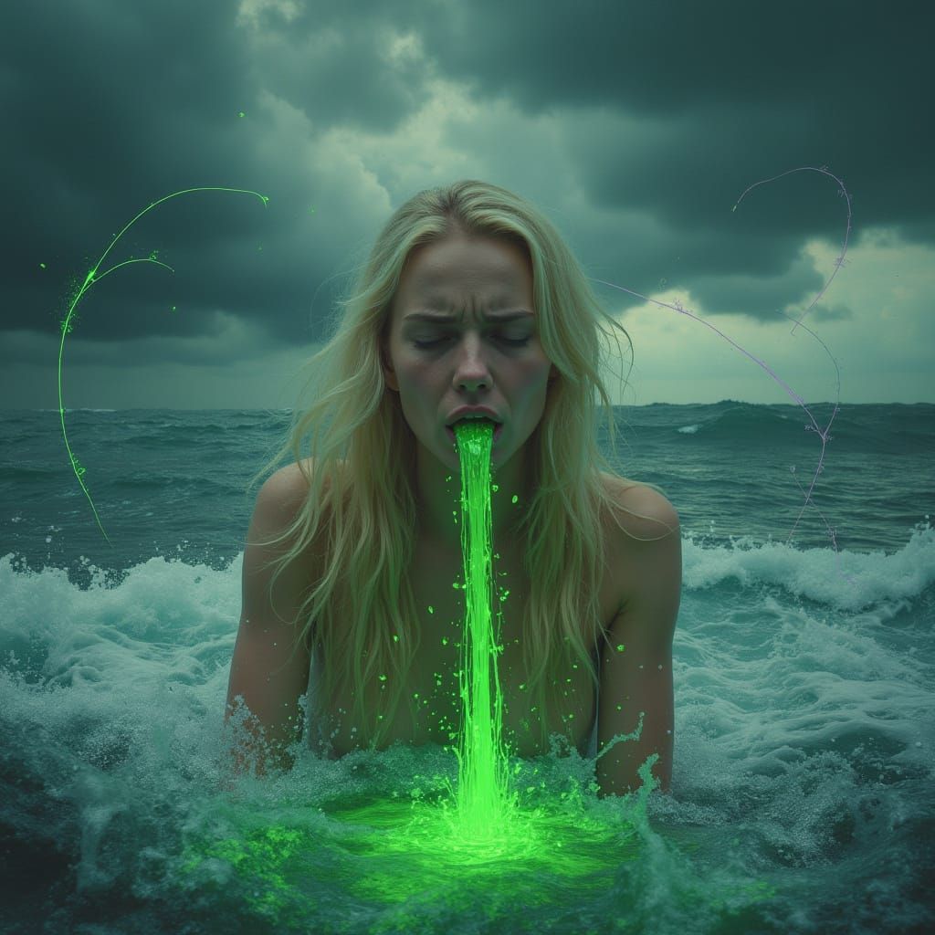 Vibrant Green Slime Streams from a Distressed Woman into Tur...