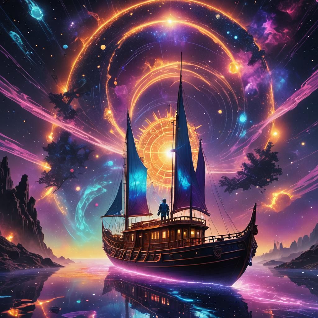 Ra's Neon Solar Barge Through Starry Underworld