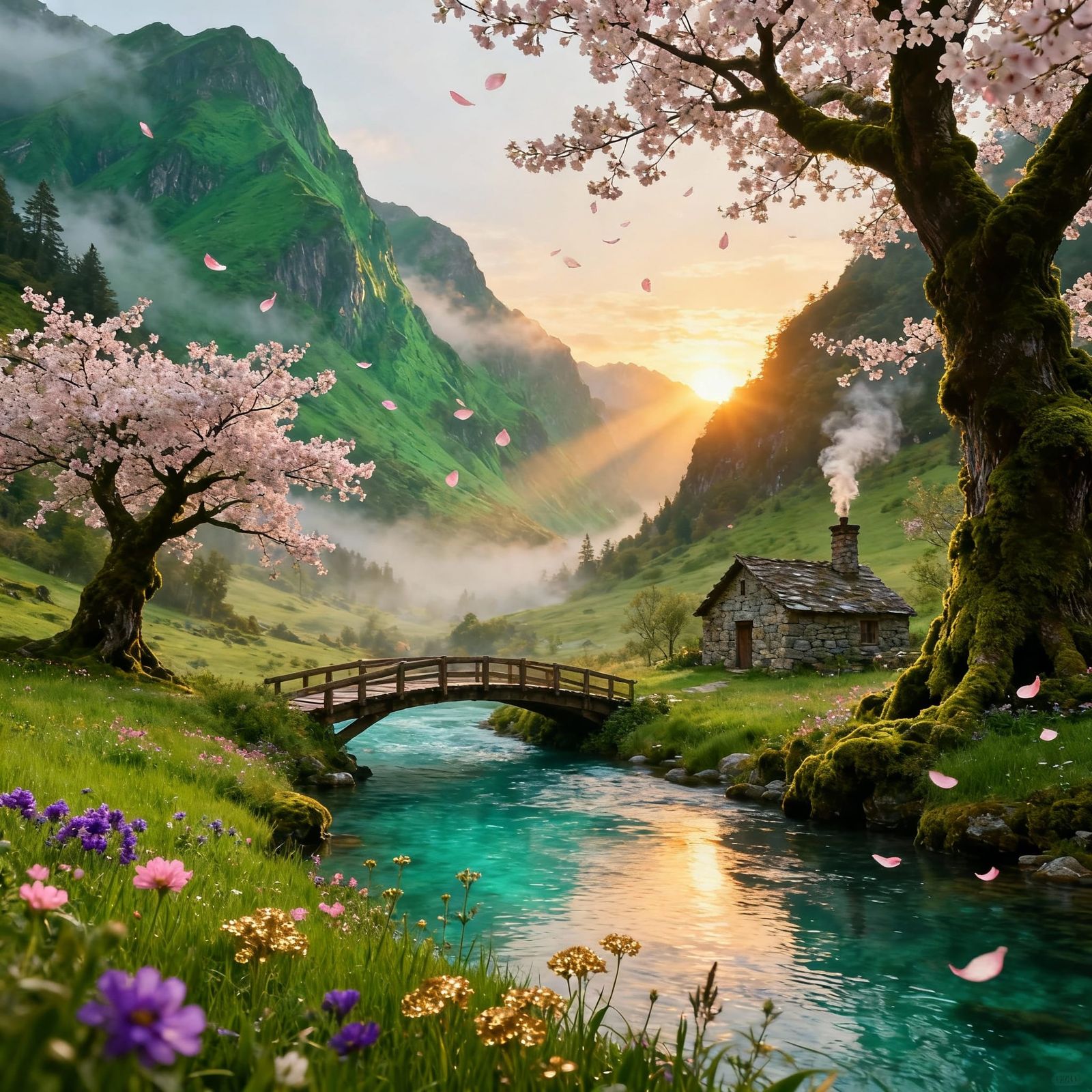 Serene Hidden Valley with Emerald Mountains and Turquoise Ri...