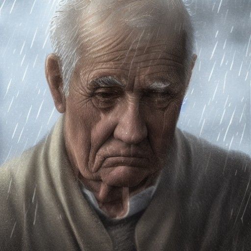 Sad Old Man in Rain: Detailed Matte Painting