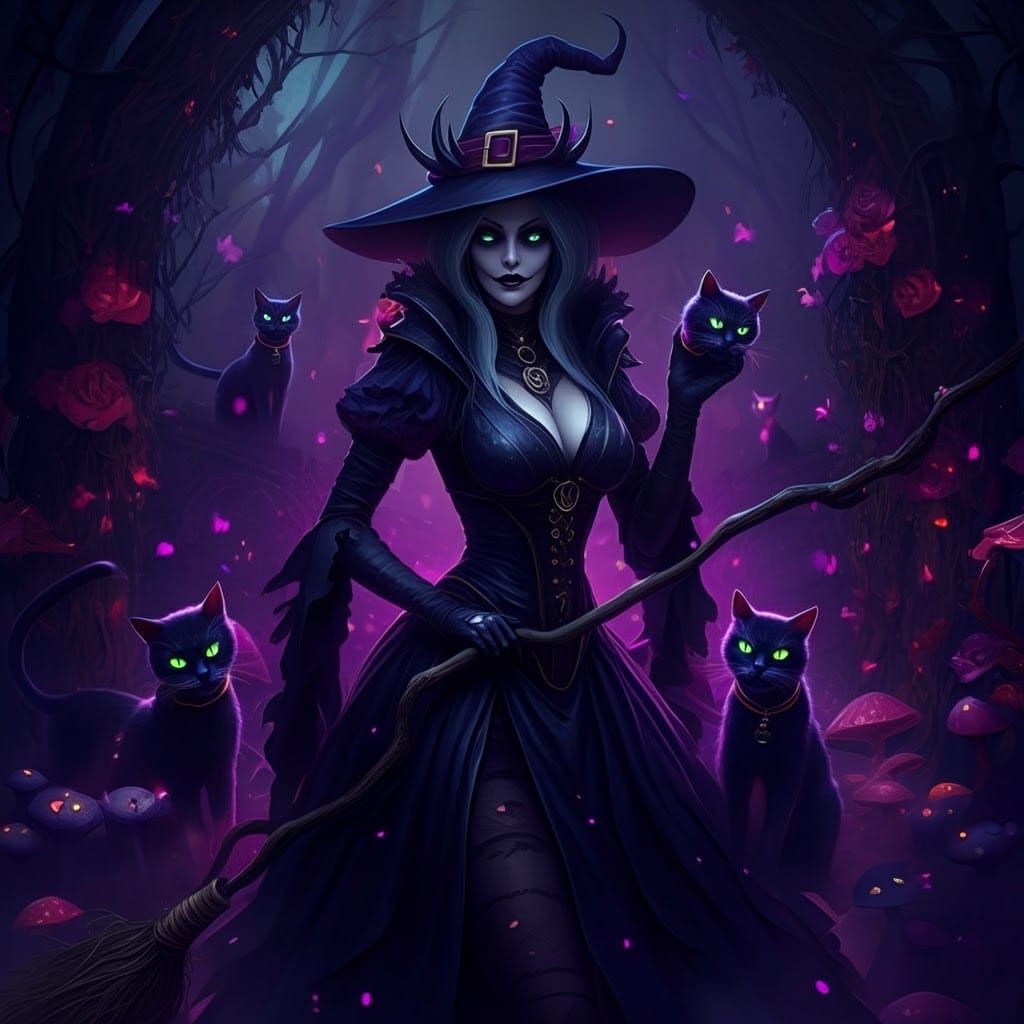 Surreal Evil Witch and Glowing Cats