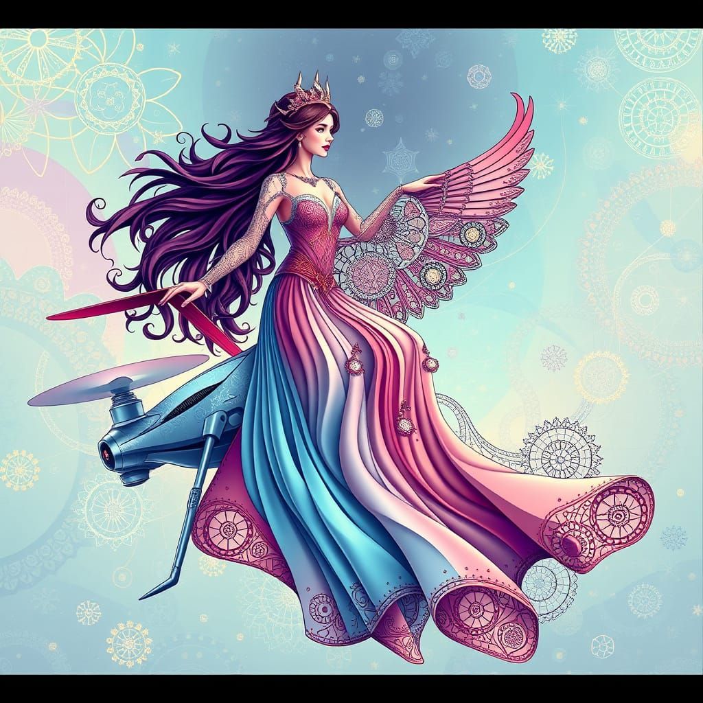 Sorceress on Drone in Abstract Vector Fractal Style
