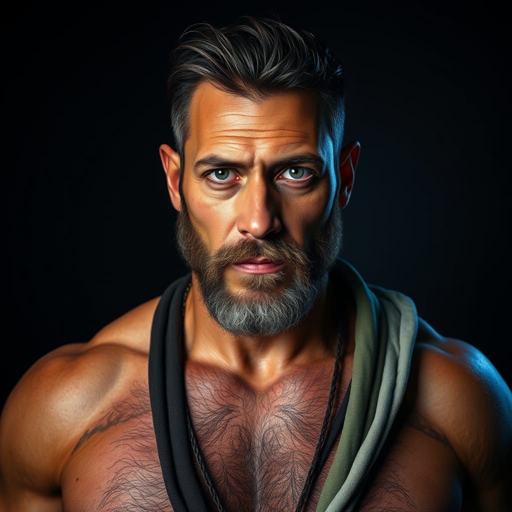 Hairy Chested Man Portrait in Fantasy Realism Style