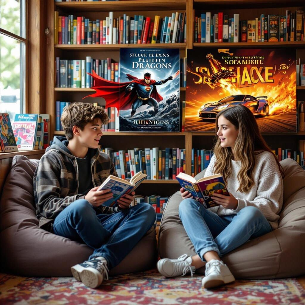 Teenagers Discuss Books in Cozy Bookstore: Realistic Photo