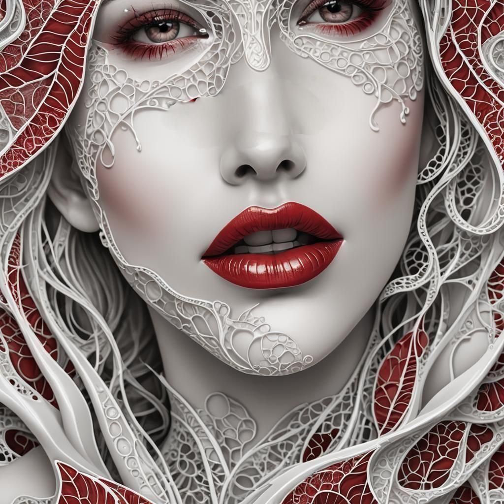 Ruby Lips: Vector Fractal Zentangle Portrait