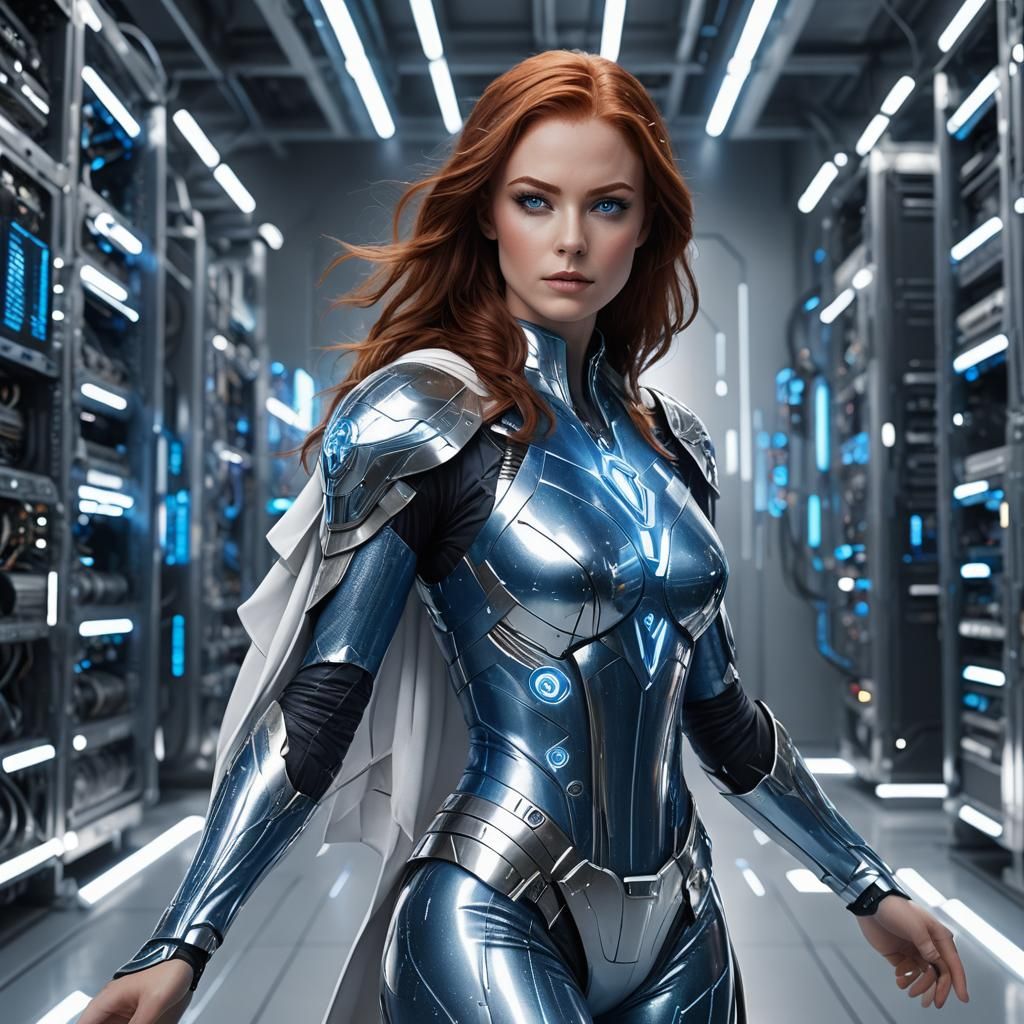 Cybernetic Superhero in Futuristic Server Room