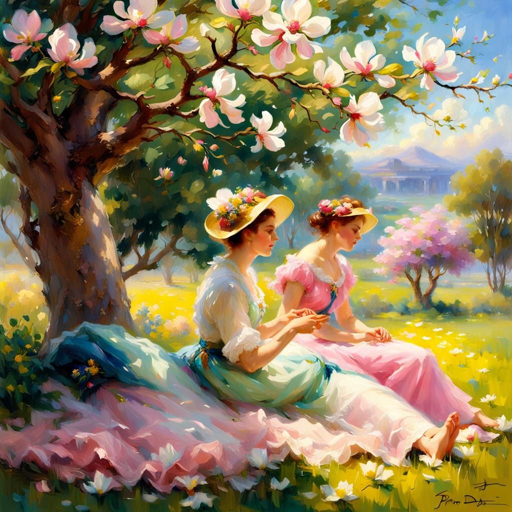 Pino Daeni romantic scene: a magnolia tree, pink floss, rosy-white delicate flower petals, antebellum south, A lady, wi...