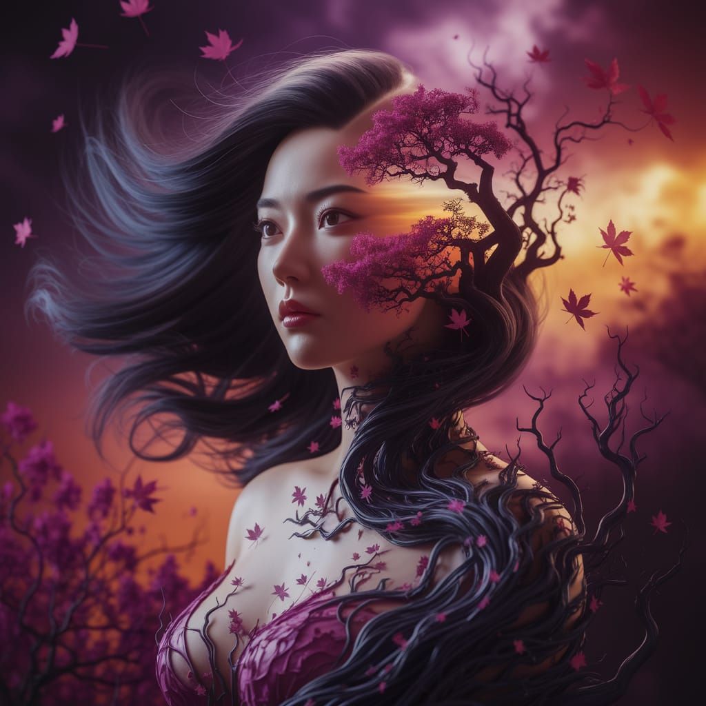 Woman's Silhouette in Autumn Garden Double Exposure