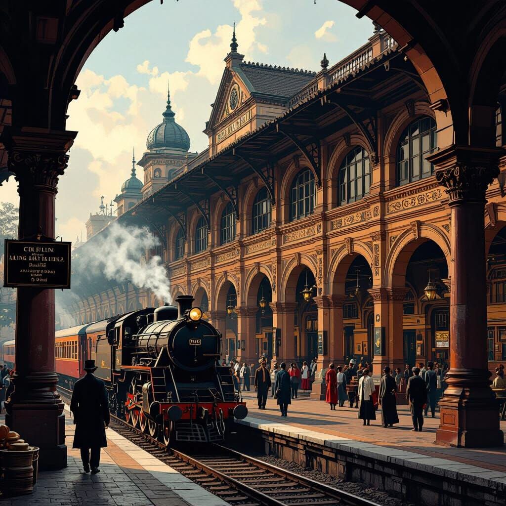 Vintage Calcutta Railway Station in Matte Painting Style