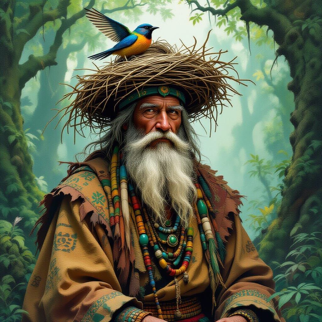 Mystical Shaman with Bird's Nest Hat