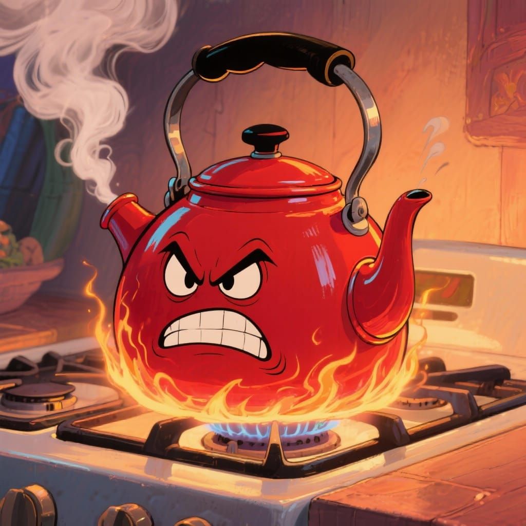 Angry Red Kettle Boils Over in Whimsical Illustration