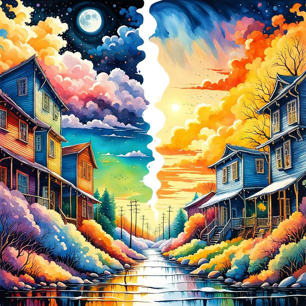 Contrasting Landscapes: Watercolor Serenity Meets Chaotic Wi...