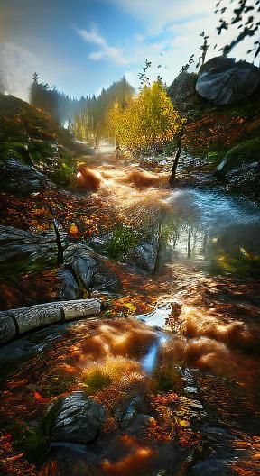 Autumn Forest River: 8K Resolution Digital Illustration