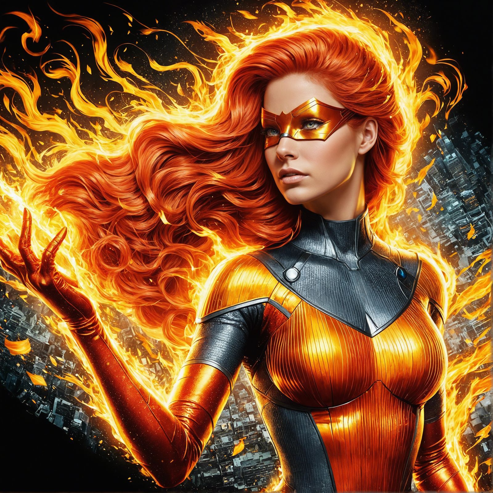 Fiery Superhero Woman in 3D Comic Book Style