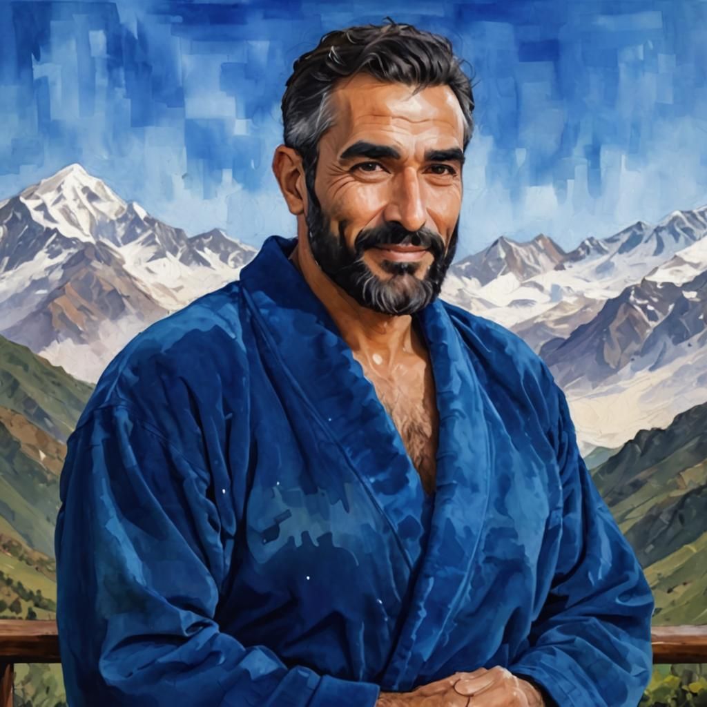 Handsome Man in Blue Velvet Robe, Alcohol Ink Art