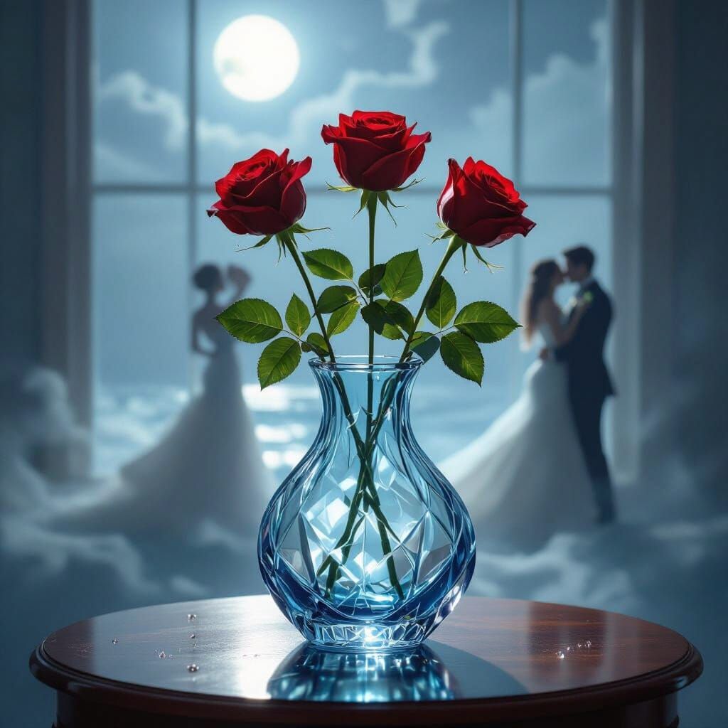 Roses in Crystal Vase: A Romantic Scene
