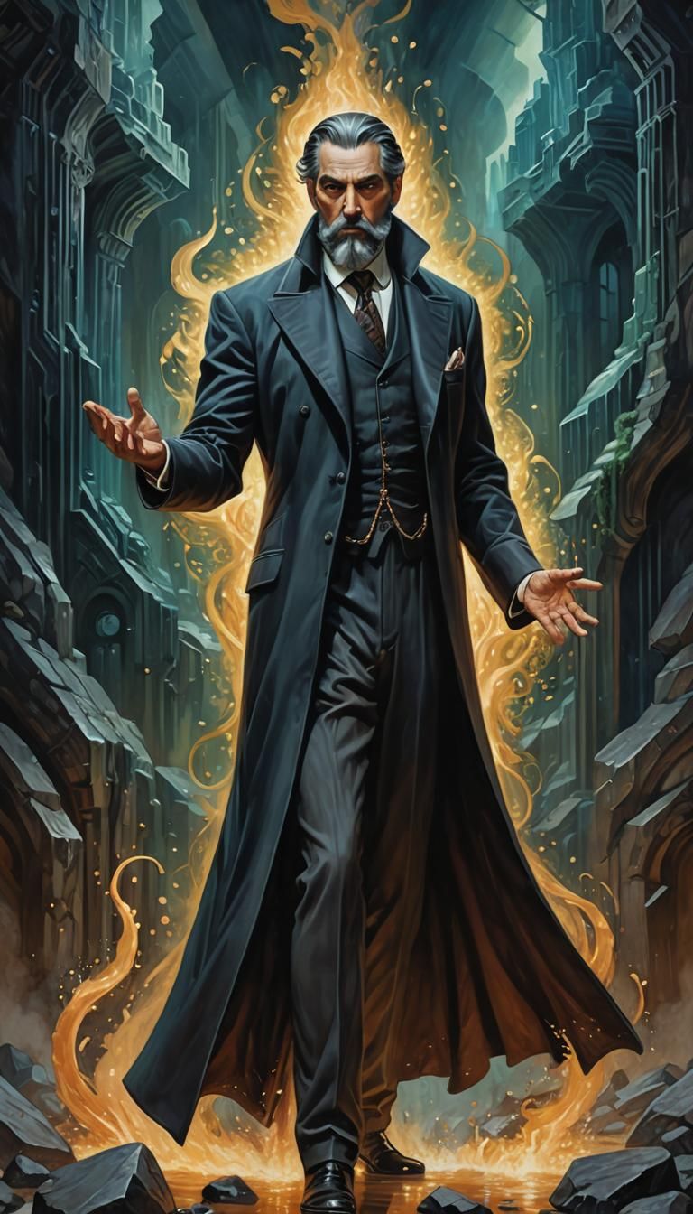 Eldritch Magician with Golem in Art Deco Style