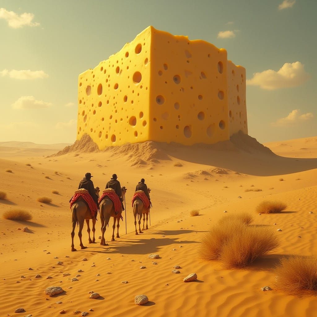 Camels Trek Through a Vibrant Cheese Desert Landscape