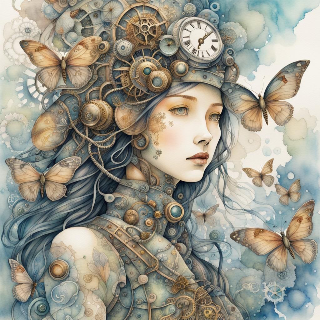 Biomechanical Steampunk Girl in Watercolor Style
