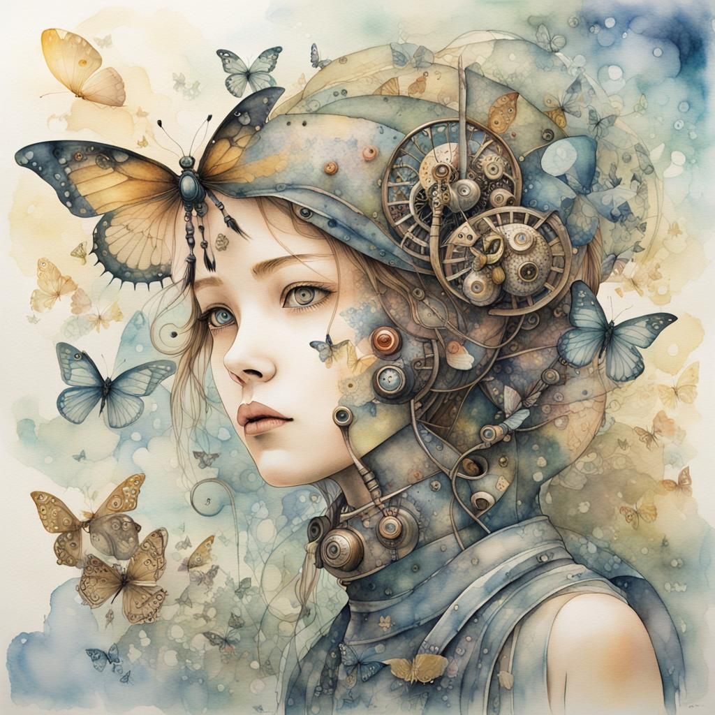 Biomechanical Girl with Butterflies in Watercolor Style
