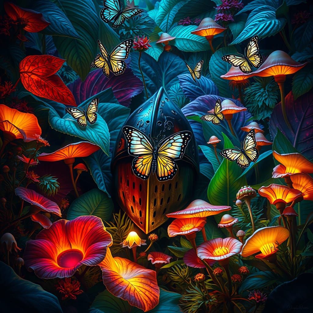 Enchanted Greenhouse with Knight's Helmet and Glowing Fungi