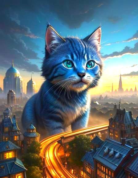 Giant Kitten Over Miniature City: Surreal Digital Art