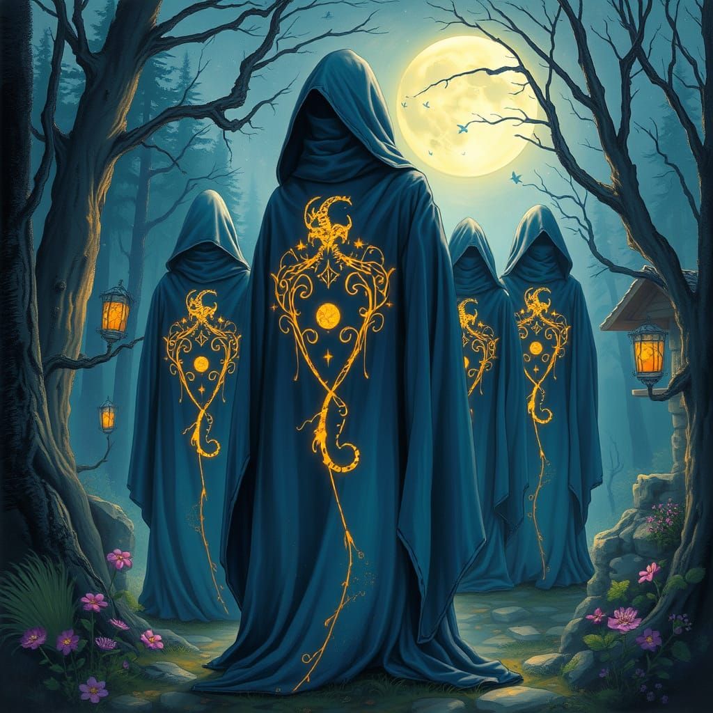 Mystical Figures in Moonlit Forest Art