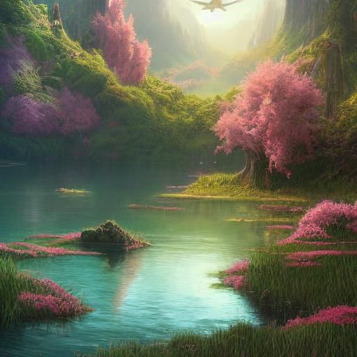 Serene Lake with Flowers: Digital Matte Painting