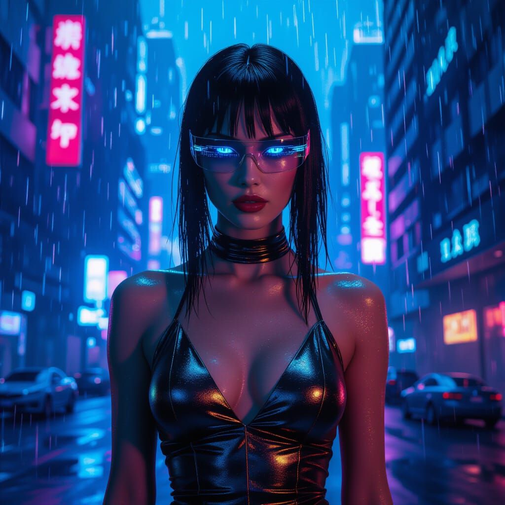 Futuristic Woman in Metallic Dress Amidst Neon Skyscrapers