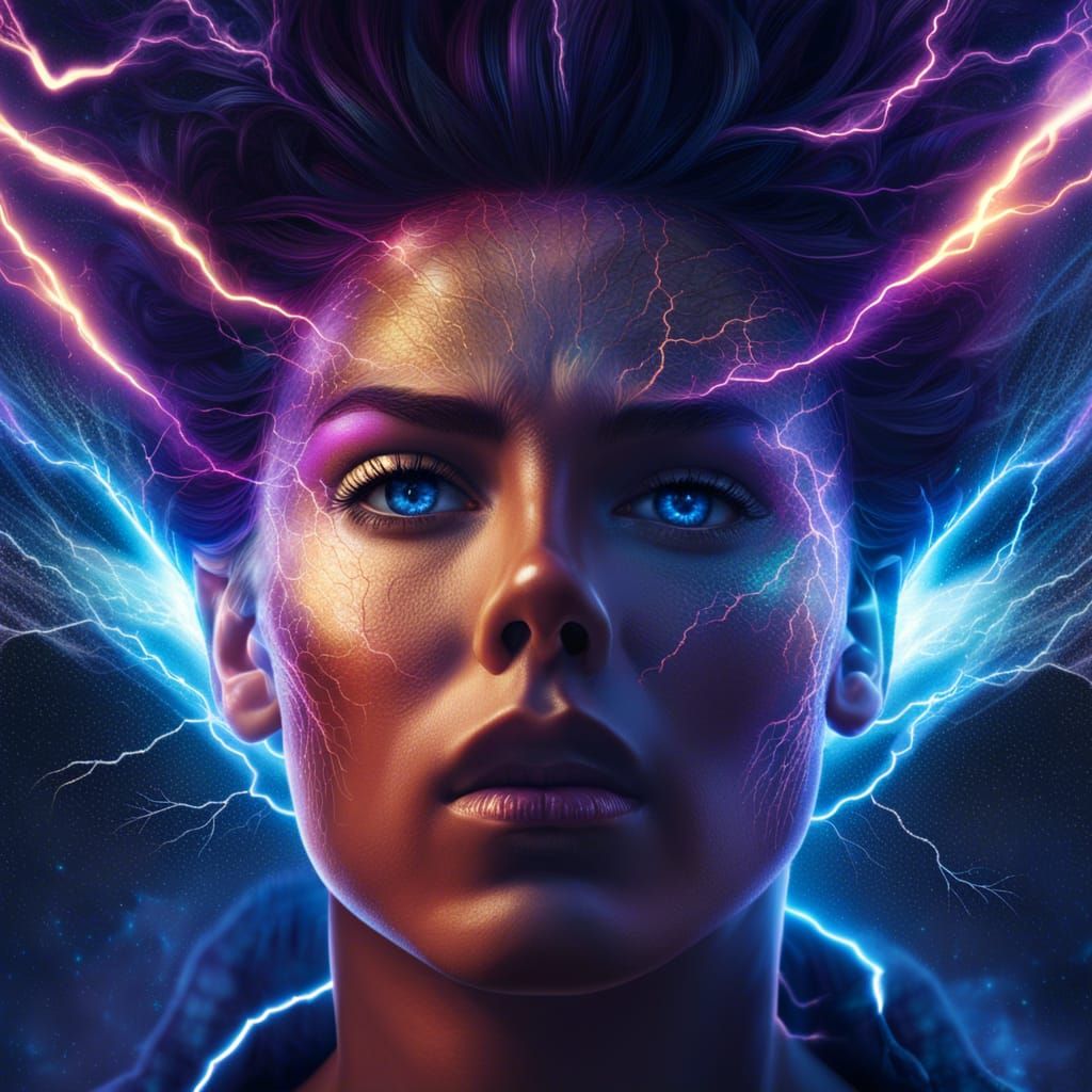 Lightning Face Gazes at Lightningscape, Mixed Media