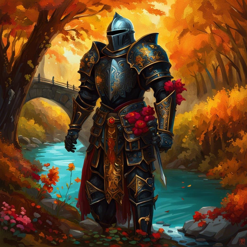 Grimdark Paladin in Autumnal Forest, Comic Book Art