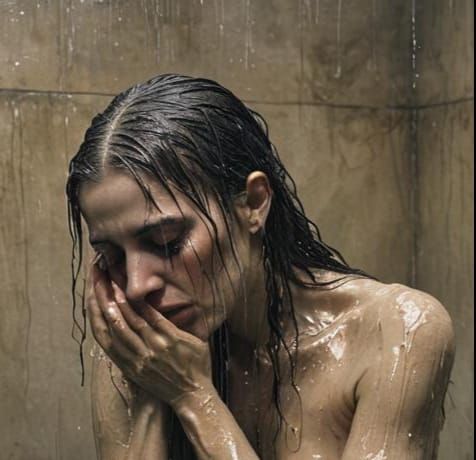 Sad Woman Crying in Shower: Hyperdetailed Art