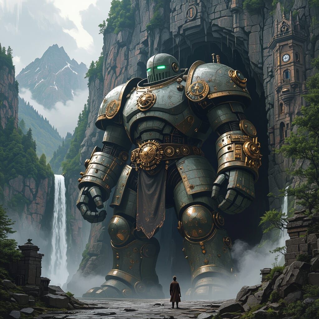 Steampunk Golem Guarding Mountain City Entrance