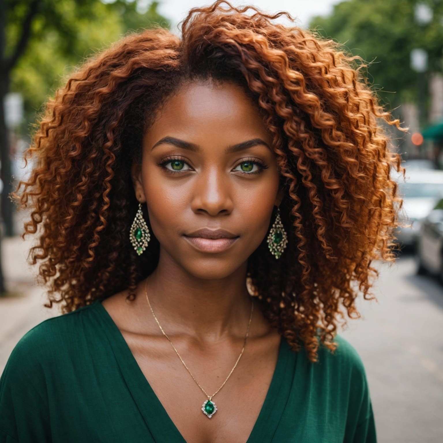 Stunning Black Woman with Red Hair and Green Eyes
