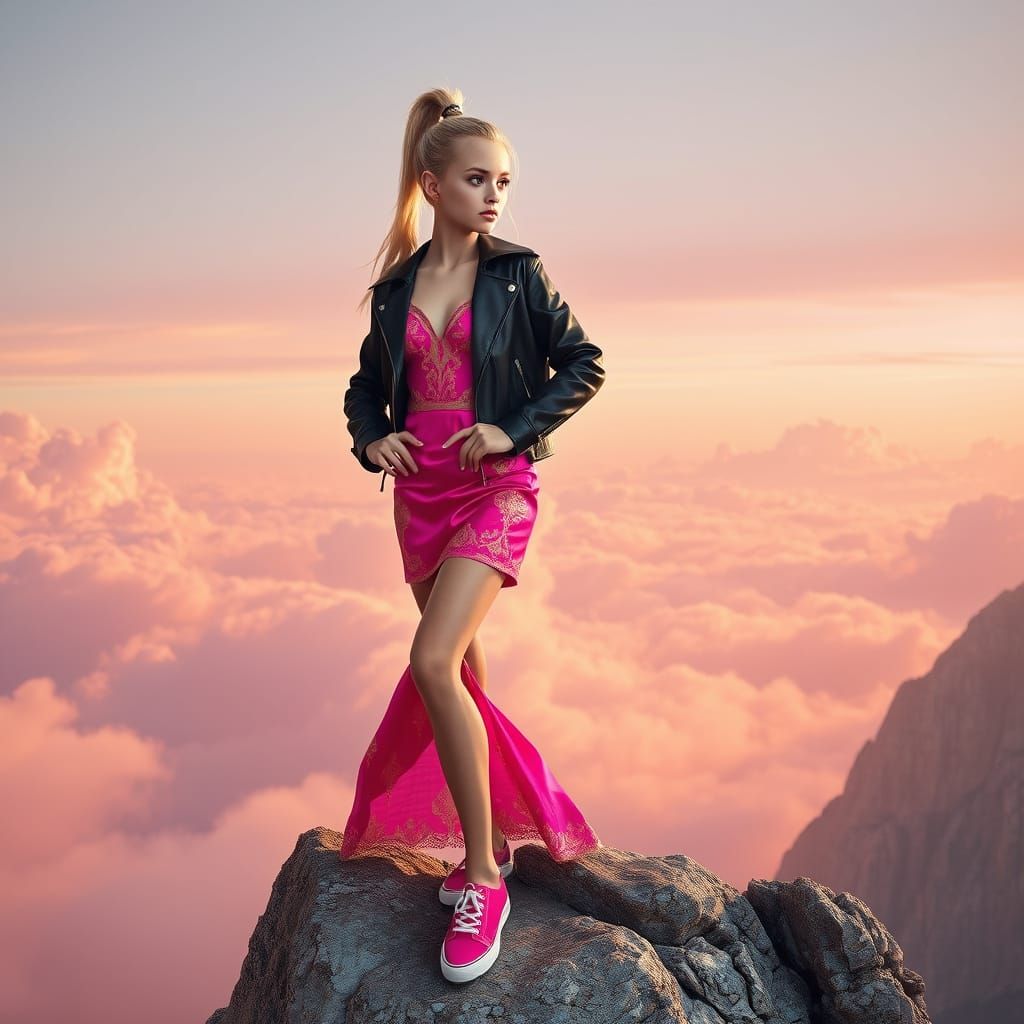 Elegant Girl Posing on Rocky Mountain in Bright Pink Dress a...