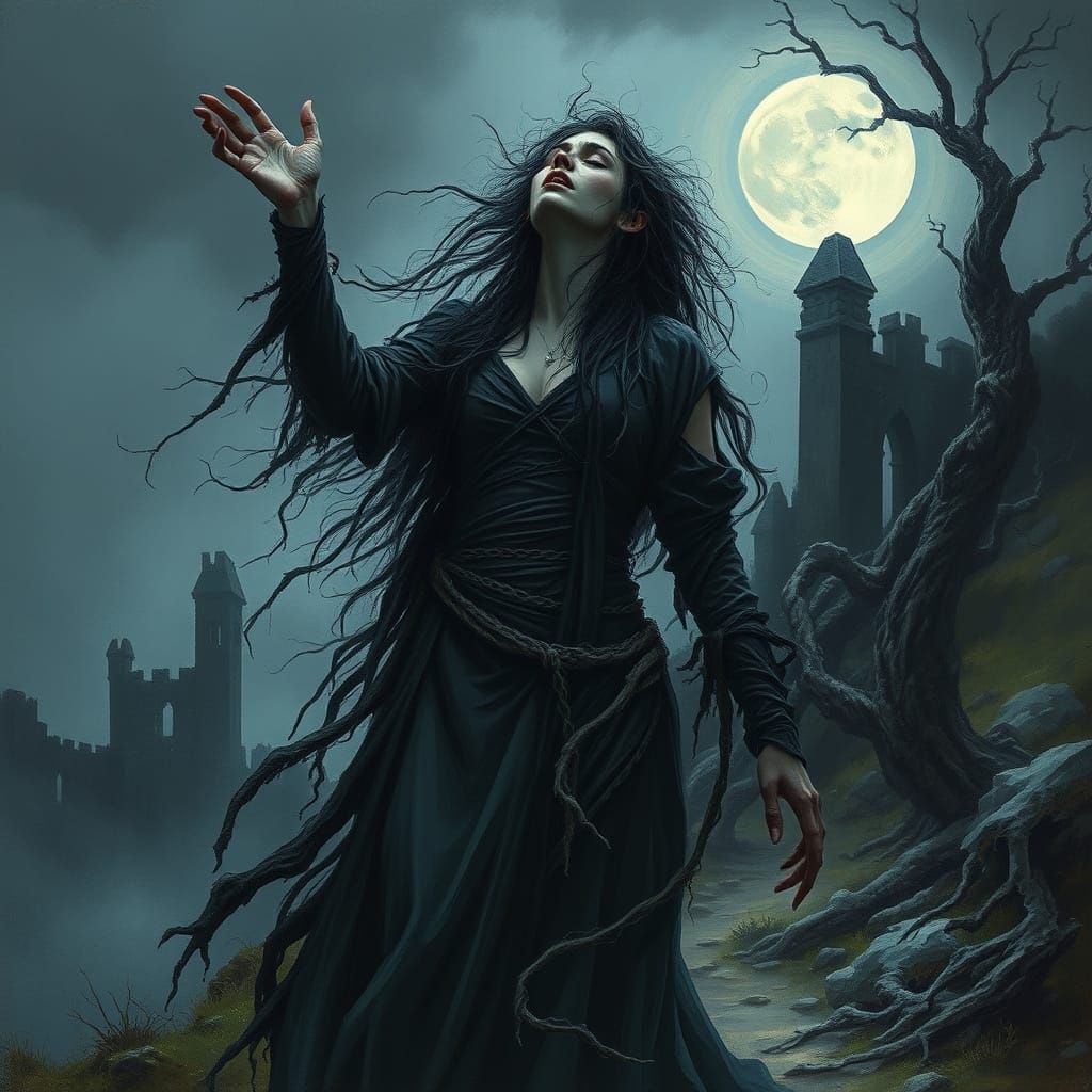 Mystical Wailing Woman in Haunting Irish Landscape