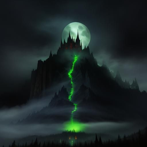 Ethereal Dark Castle with Pale Green Glow