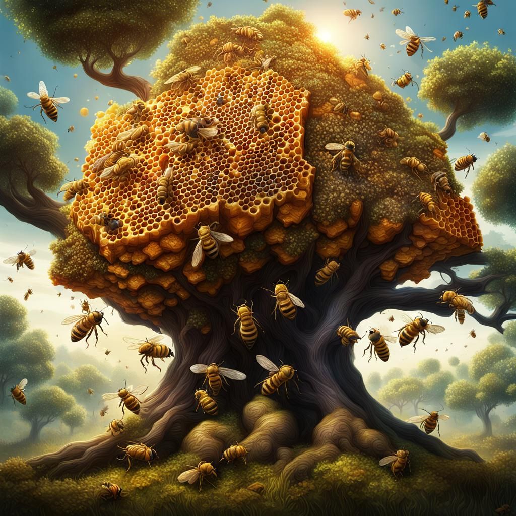 Honeybee Hive Merged with Tree: Digital Painting