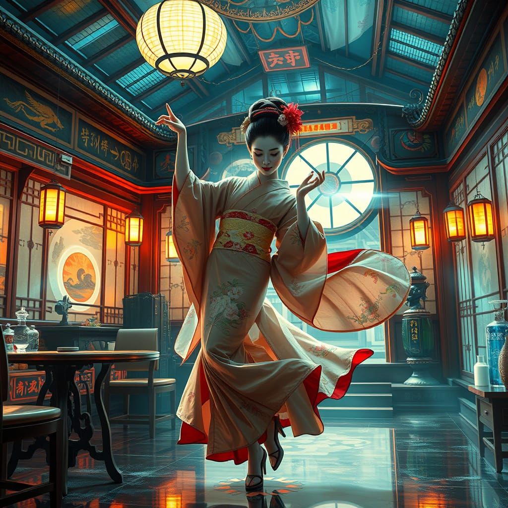 Ethereal Geisha in Cyberpunk Teahouse