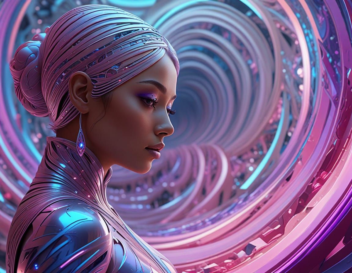 Ethereal beauty dances through cosmic dimensions of light