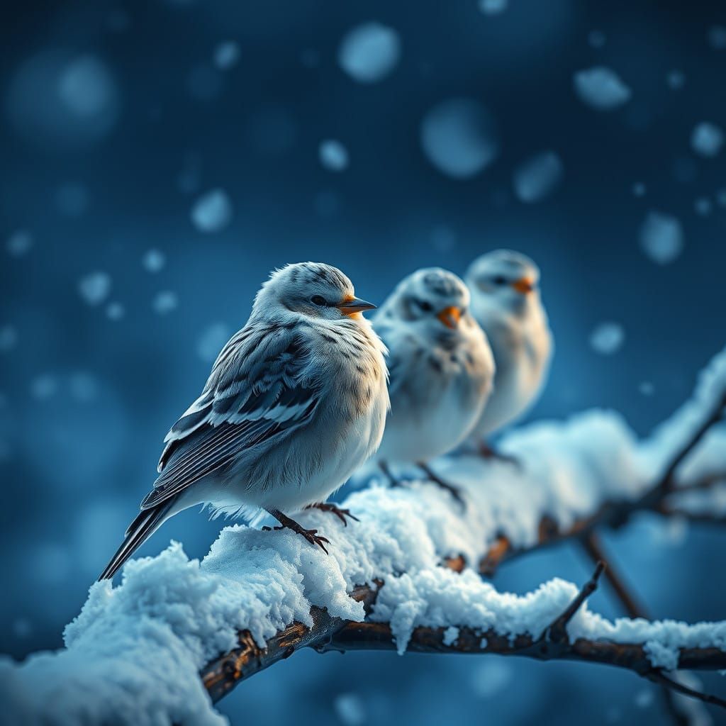 Birds in Winter Wonderland with Vibrant Blue Lighting