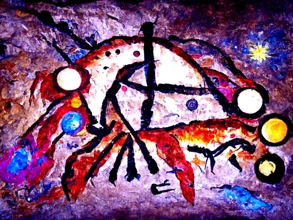 Prehistoric Cave Painting of Giant Crayfish with Torches