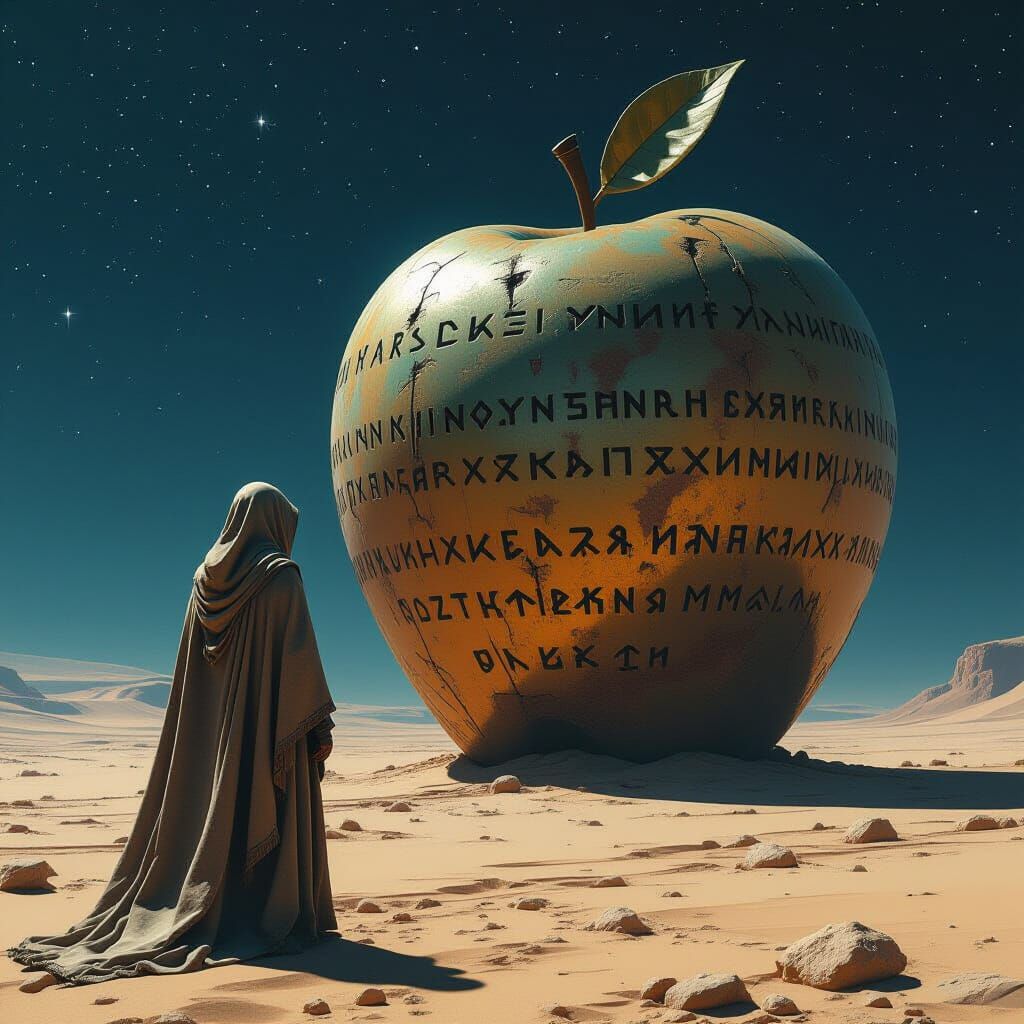 Hooded Figure at Ancient Apple Sculpture in Desert