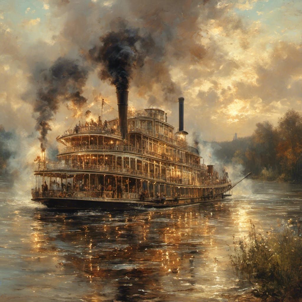 Paddlewheel Steamboat Journey Upriver: Exquisite Painting