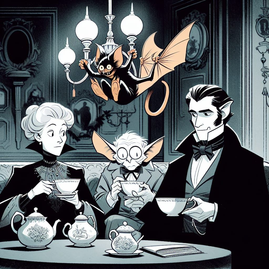 Cartoon Manor Scene: Mischievous Creature Photobombs Tea Par...