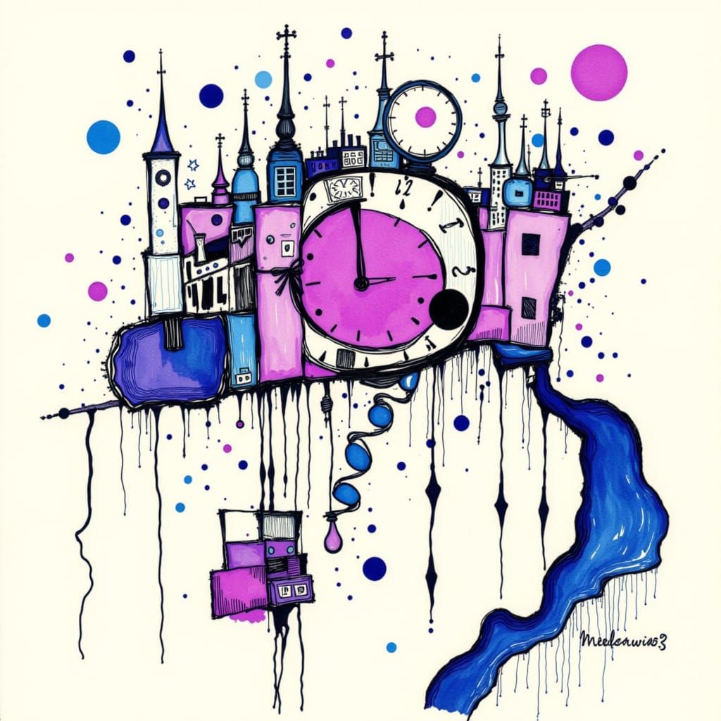 Cute Creature Holding Clock in Blueberry Ink Style